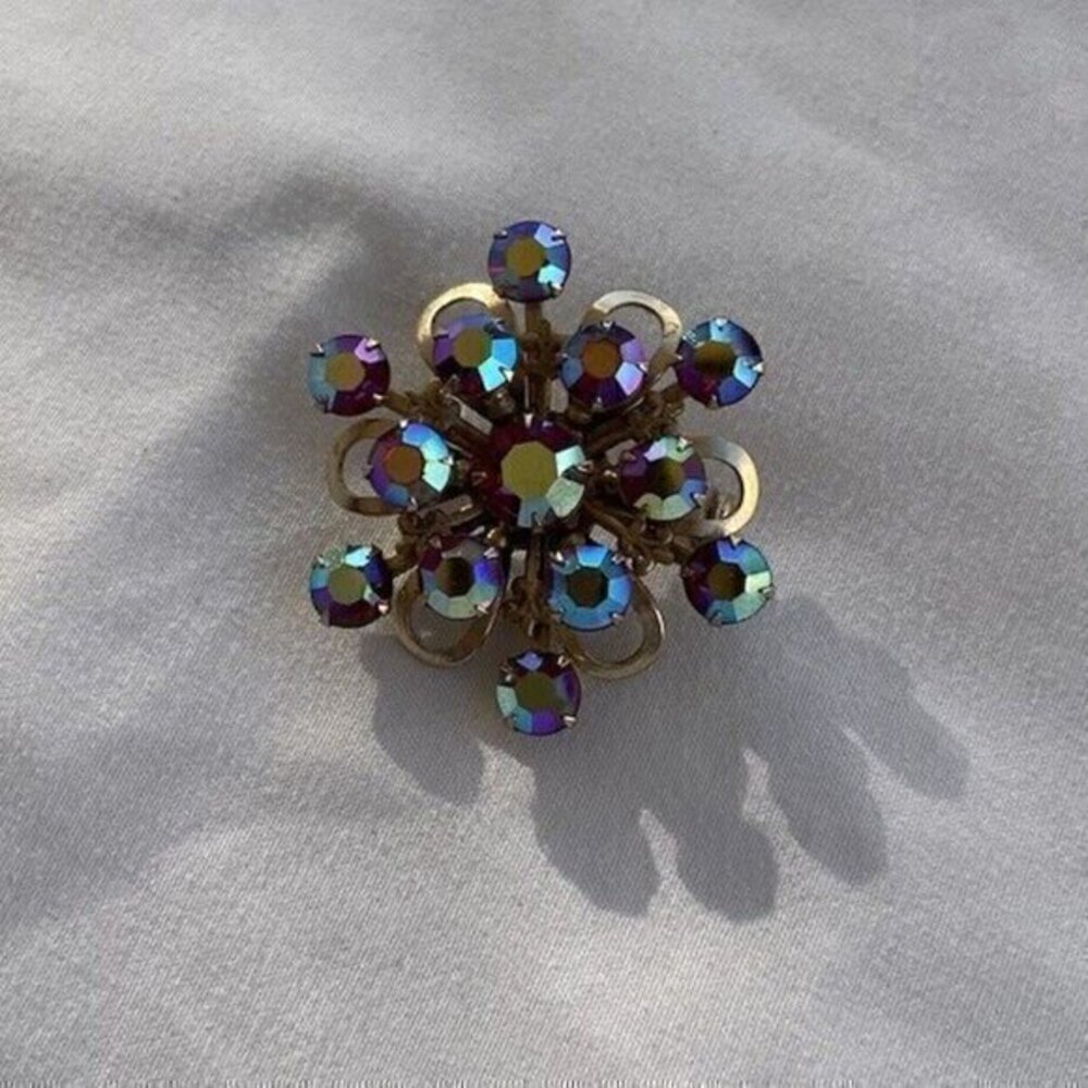 Vintage Crescent Moon Brooch Pin Blue Glass Rhinestones Blue Red Green 1.5”
